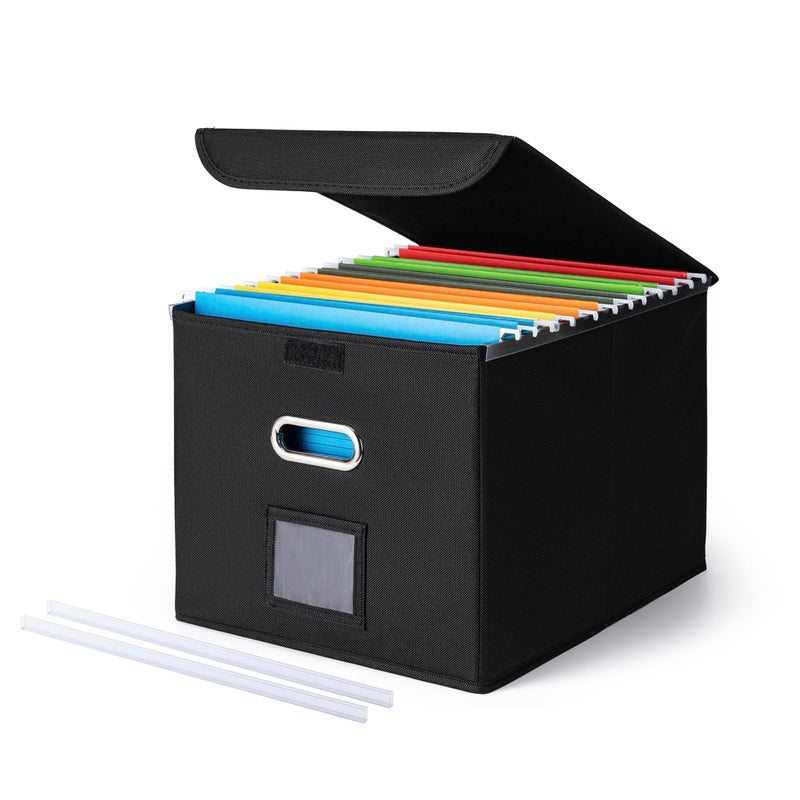 CADONO File Organizer Box with Lid, Large Hanging File Folder Organizer with Plastic Slide, Collapsible Portable Filing Storage Boxes for Office/Decor/Home (Black, 14.9 x 12.59 x 10.8 inch) - Image 1
