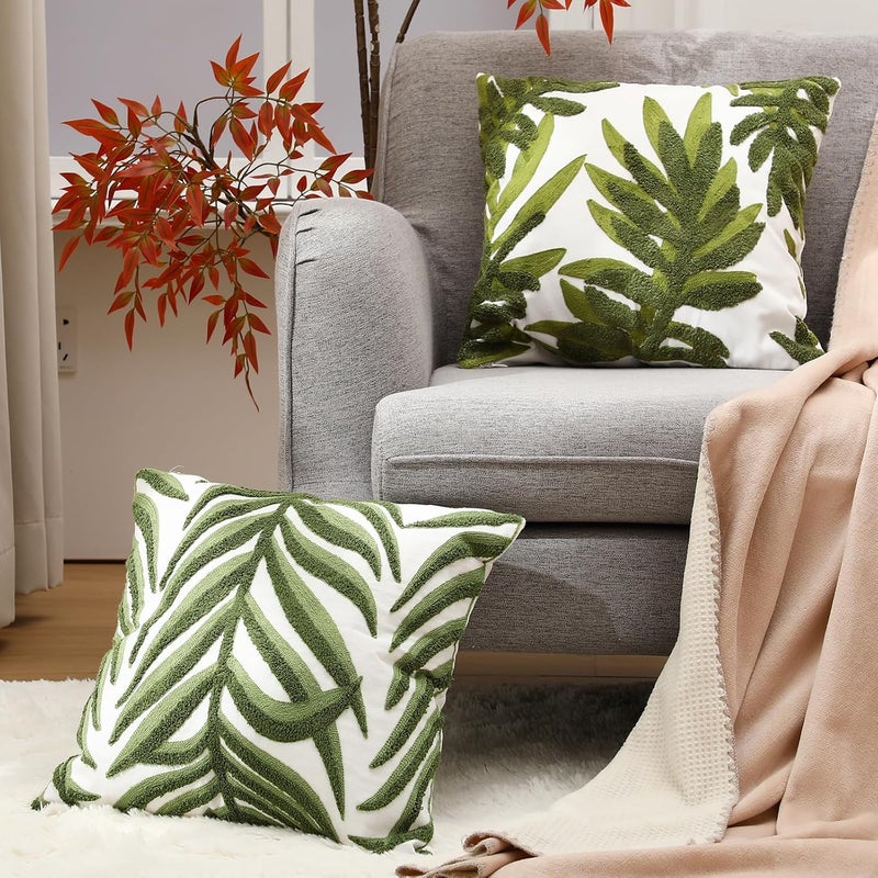 Gilprop 2 Pcs Embroidered Throw Pillow Covers 18 x 18 Inches Square Pillowcases Boho Pattern Cushion Covers Cushion Cases for Bed Couch Sofa Living Room Home Decor (Forest Leaves) - Image 4