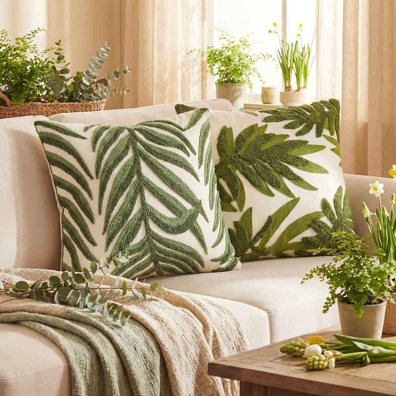 Gilprop 2 Pcs Embroidered Throw Pillow Covers 18 x 18 Inches Square Pillowcases Boho Pattern Cushion Covers Cushion Cases for Bed Couch Sofa Living Room Home Decor (Forest Leaves) - Image 1