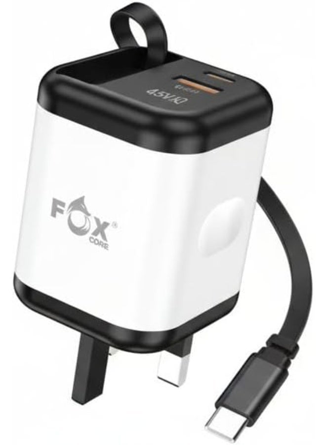 FOX CORE 25W Fast USB-C Charger with Retractable USB-C Cable, 3-Port Power Adapter for Laptops with GaN Technology, Compatible with All Devices - Image 1