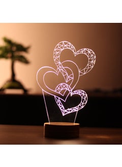 Three Heart Figured Decorative Gift Led Table Lamp | 7 Light Colors | Wooden Base