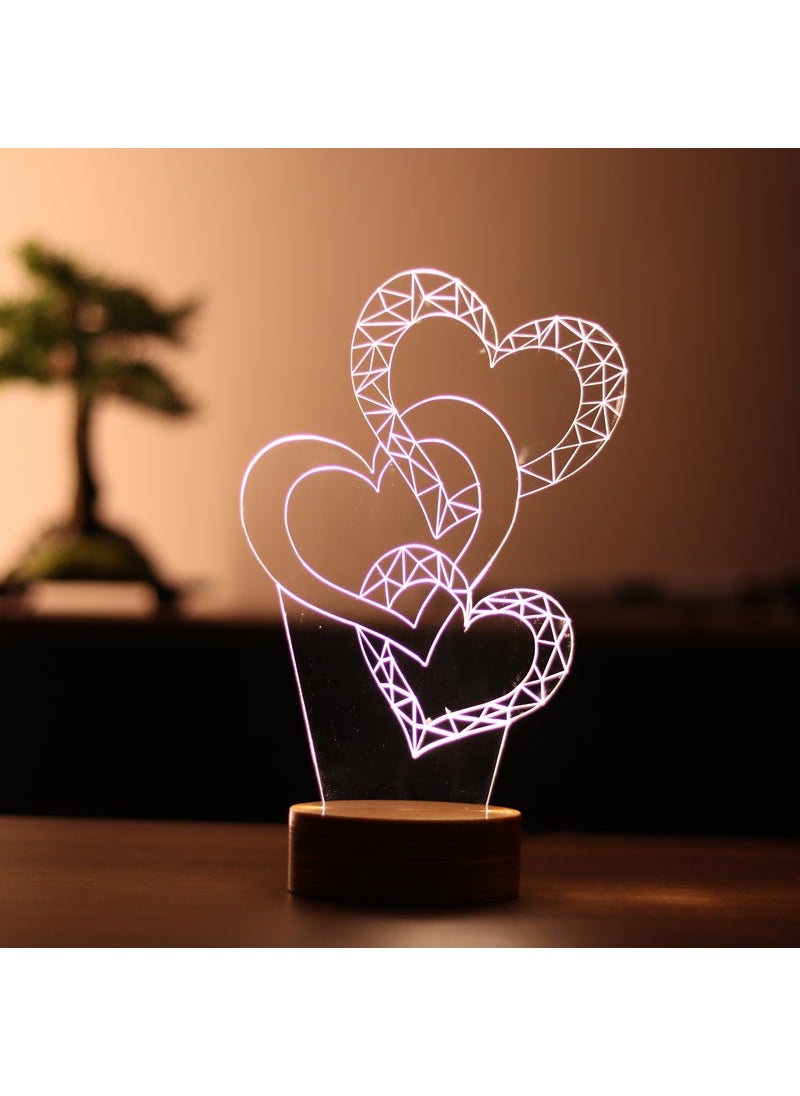 By-Lamp Three Heart Figured Decorative Gift Led Table Lamp | 7 Light Colors | Wooden Base  - Image 1