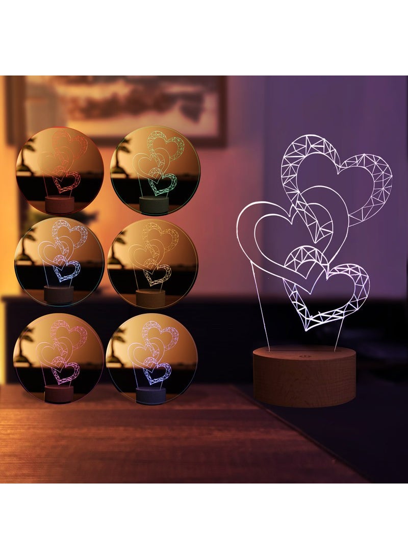 By-Lamp Three Heart Figured Decorative Gift Led Table Lamp | 7 Light Colors | Wooden Base  - Image 2