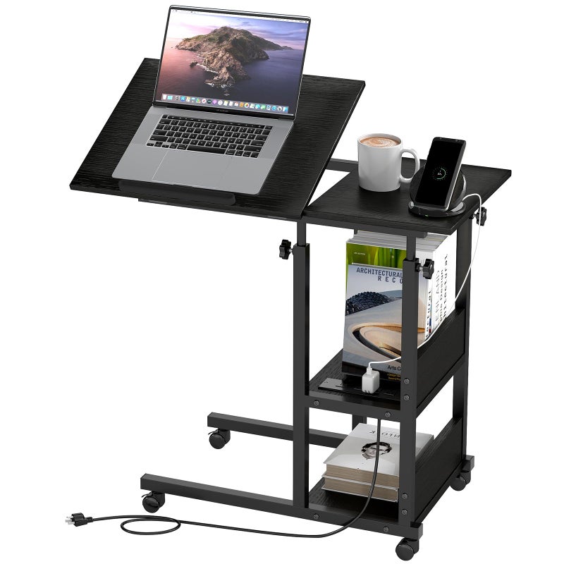 Hadulcet Adjustable C Table with Charging Station, Tiltable Desk C Shaped End Table for Couch, Over Bed Stand with Wheels Adjustable Height, Hospital Table Laptop Stand Drawing Desk, Black - Image 1