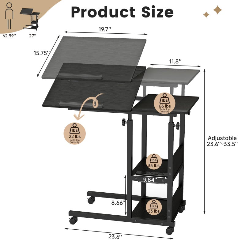Hadulcet Adjustable C Table with Charging Station, Tiltable Desk C Shaped End Table for Couch, Over Bed Stand with Wheels Adjustable Height, Hospital Table Laptop Stand Drawing Desk, Black - Image 2