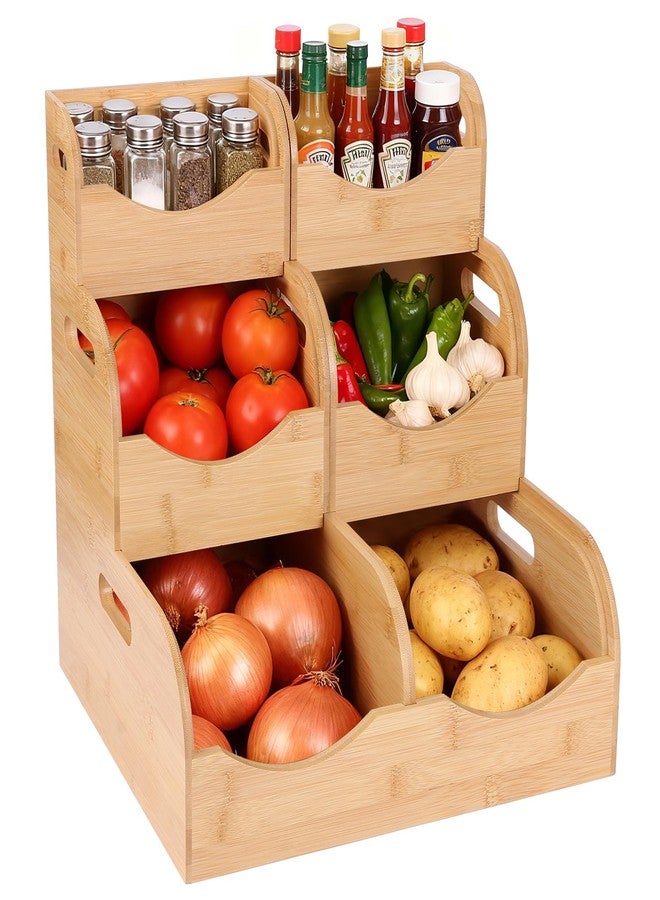 Enlisiwte Bamboo Pantry Storage Bins - Potato & Onion Organizer, 3 Tier Stackable with Ventilated Design & Handles for Fruits, Vegetables, Kitchen Countertop, Pantry & Living Room - Image 1