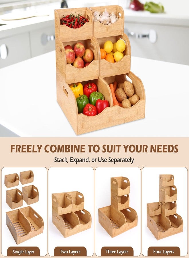 Enlisiwte Bamboo Pantry Storage Bins - Potato & Onion Organizer, 3 Tier Stackable with Ventilated Design & Handles for Fruits, Vegetables, Kitchen Countertop, Pantry & Living Room - Image 2