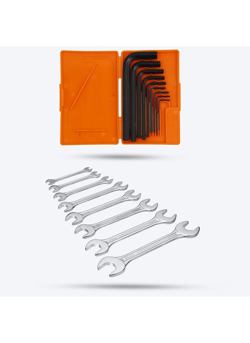 Hillgrove Hillgrove HGCM8M1 9 Pieces Full Hex Allen Key Kit with 8Pcs Double Open End Wrench Bolt Spanner Goti Wrench L Shape Repair Tool Set for BikeBicycleCycleGuitar Allen Key Set  - Image 1