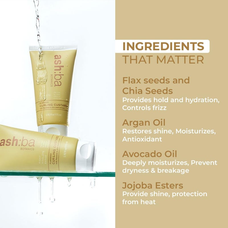 Ashba Botanics كاسترد تجعيد بذور الكتان من أشبا بوتانيكس للشعر المموج والمجعد والمجعد بزيت الأركان وزيت الأفوكادو وزبدة الشيا يوفر الترطيب يتحكم في التجاعيد ثبات قوي خالي من الفثالات والبارابين 175 مل - Image 4