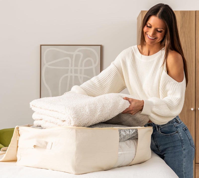 VeraMia Soft Canvas Storage Bags with Zipper. Thick Breathable, 1pc King/Queen Comforter Organizer. Four Carrying Handles and Window. Large 25x19x9in Bag for Sheets Blankets Bedding Pillows, Clothes - Image 2