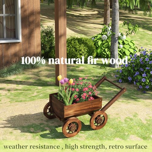 PULIJIAJU PULIJIA Wooden Wagon Planter Outdoor Garden Planter, Trolley Decoration Succulent Flower cart, Indoor Outdoor Backyard Balcon Decor cart with Wheels, Planter for Patio (HC-S) - Image 4
