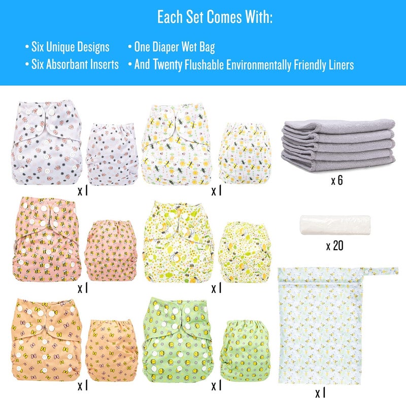 Simple Being Reusable Cloth Diapers, Double Gusset, One Size Adjustable, Washable Soft Absorbent, Waterproof Cover, Eco-Friendly Unisex Baby Girl Boy, six 4-Layers Microfiber Inserts (Bugs) - Image 5