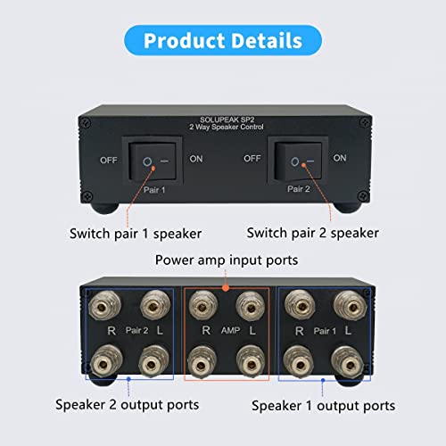 SOLUPEAK Premium 2 Zone Speaker Selector Switch Box, 2 Way Stereo Audio Speaker Switcher Distribution Box for Multi-Channel High Powered Amp A B Switches -SOLUPEAK SP2 - Image 4
