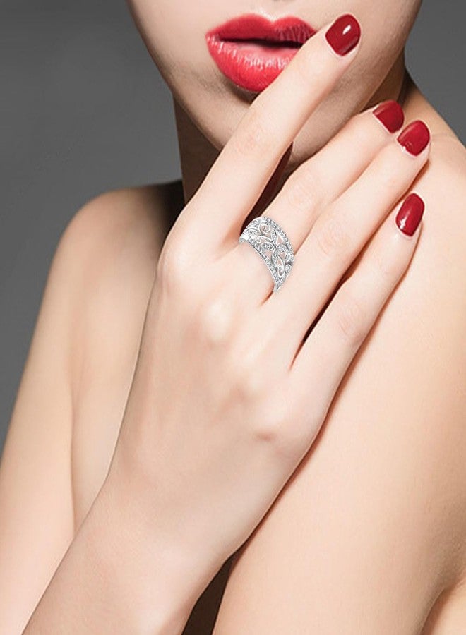 Uloveido Platinum Plated Dainty Butterfly Rings Wide Band Butterflies Statement Promise Rings for Women CR098 (White, Size 8) - Image 2