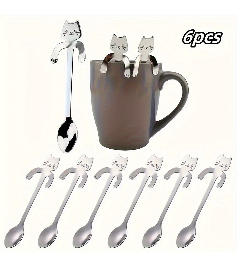 Stainless Steel Cat Shaped Hanging Cup Spoons 6 Pack Tea Coffee Stirrer Set - Image 1