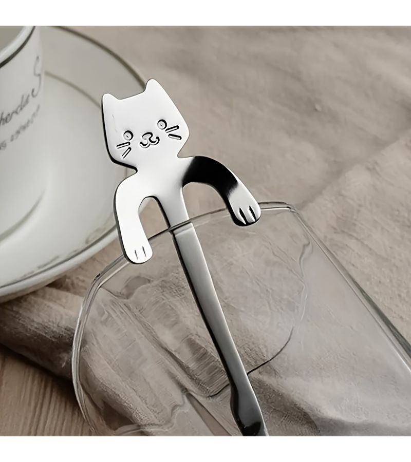 Stainless Steel Cat Shaped Hanging Cup Spoons 6 Pack Tea Coffee Stirrer Set - Image 2