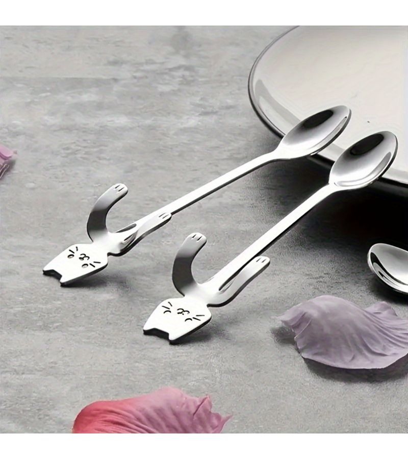 Stainless Steel Cat Shaped Hanging Cup Spoons 6 Pack Tea Coffee Stirrer Set - Image 4