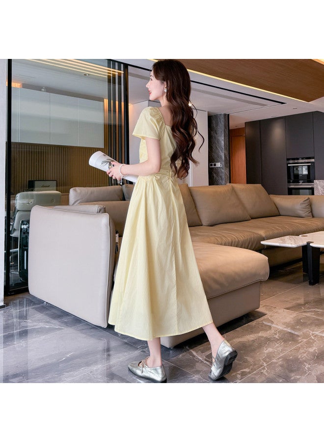 TonLion 2025 Summer Women's V-neck Short Sleeve Slim Fit Dress Solid Color Slimming Waist-cinching Elegant Long Dress - Image 5