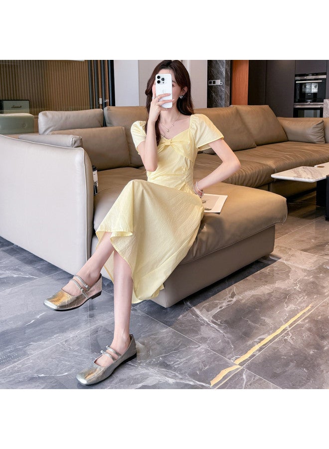 TonLion 2025 Summer Women's V-neck Short Sleeve Slim Fit Dress Solid Color Slimming Waist-cinching Elegant Long Dress - Image 2