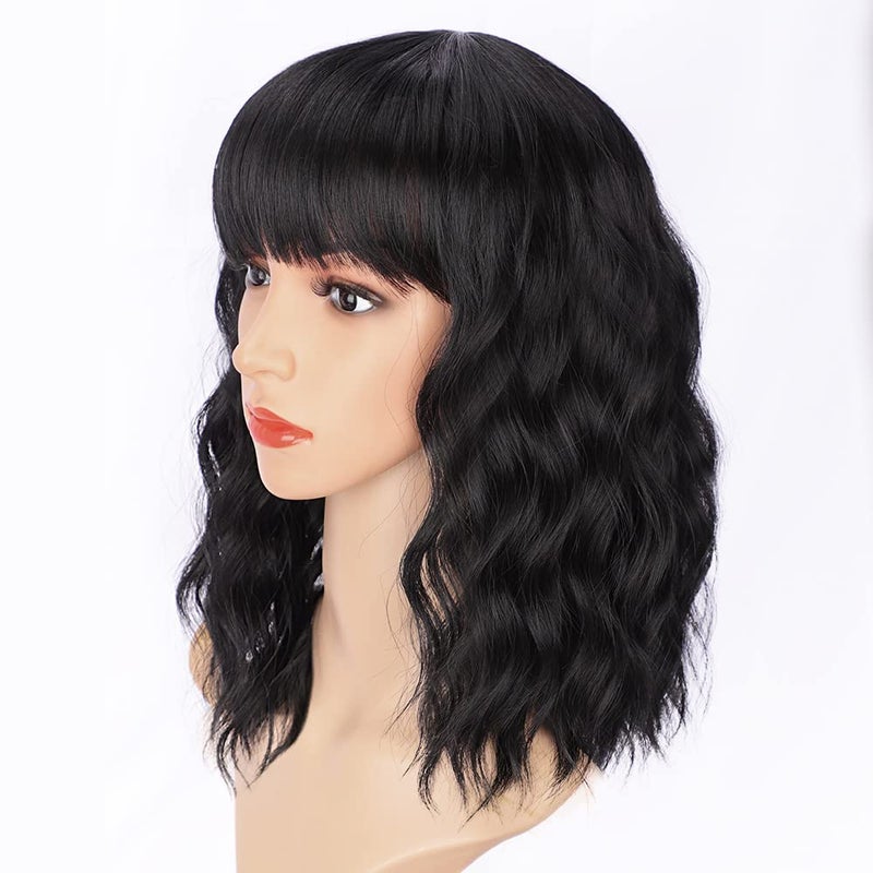 AISI HAIR Bob Curly Wig Synthetic Short Black Wig with Bangs Natural Looking Heat Resistant Fiber Hair for Women - Image 2