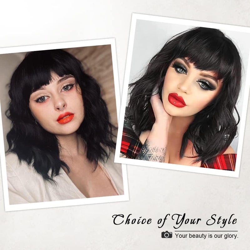 AISI HAIR Bob Curly Wig Synthetic Short Black Wig with Bangs Natural Looking Heat Resistant Fiber Hair for Women - Image 4