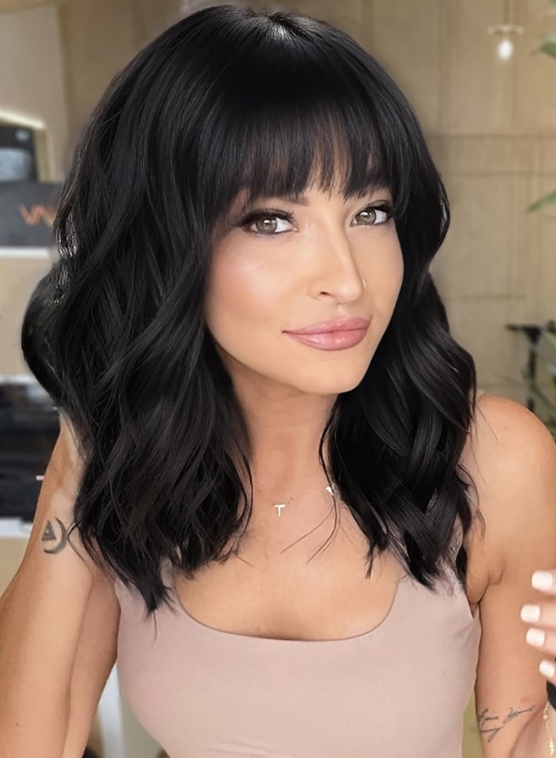 AISI HAIR Bob Curly Wig Synthetic Short Black Wig with Bangs Natural Looking Heat Resistant Fiber Hair for Women - Image 1