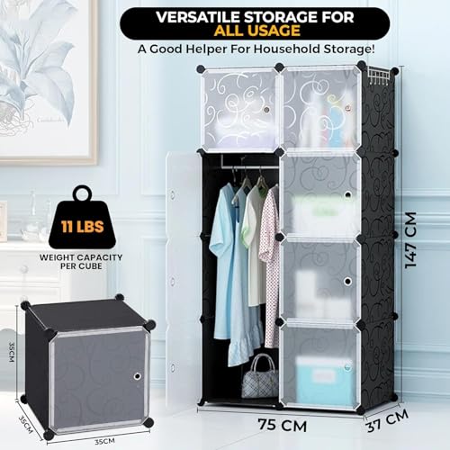 EXVITO 8 Door Kids Plastic Wardrobe for Clothes, Foldable Plastic Almirah for Clothes, Collapsible Wardrobe for Storage, Baby Cupboard for Clothes, Storage Rack for Kids - (Black, 8 Door) - Image 2