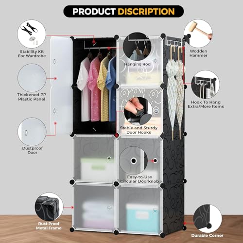 EXVITO 8 Door Kids Plastic Wardrobe for Clothes, Foldable Plastic Almirah for Clothes, Collapsible Wardrobe for Storage, Baby Cupboard for Clothes, Storage Rack for Kids - (Black, 8 Door) - Image 3