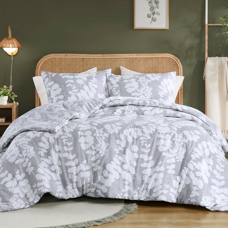 Comfort Spaces Queen Comforter Set, Breathable Microfiber Comforter Sets, Reversible Floral Comforters, Lightweight All Season Farmhouse Bedding, Matching Shams, Full/Queen, Grey 3 Piece - Image 1