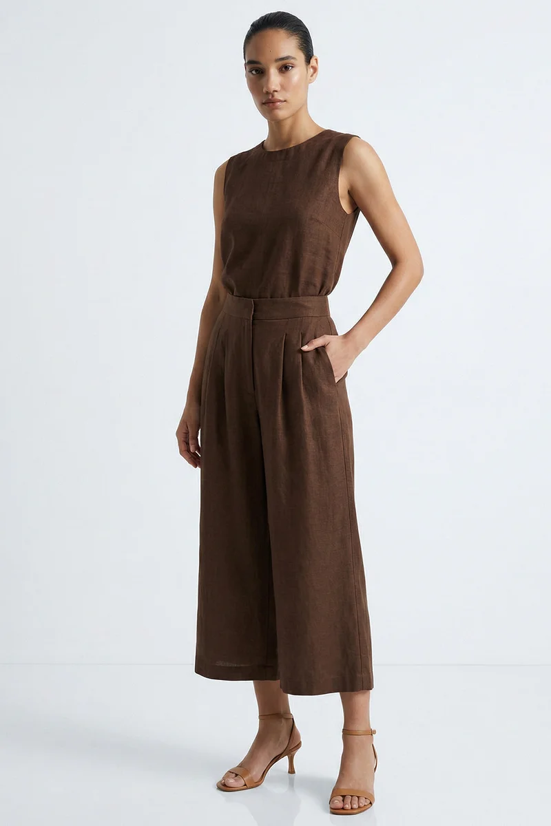 Exquise Pocketed Zip-Up Culotte Regular Linen Brown Trousers