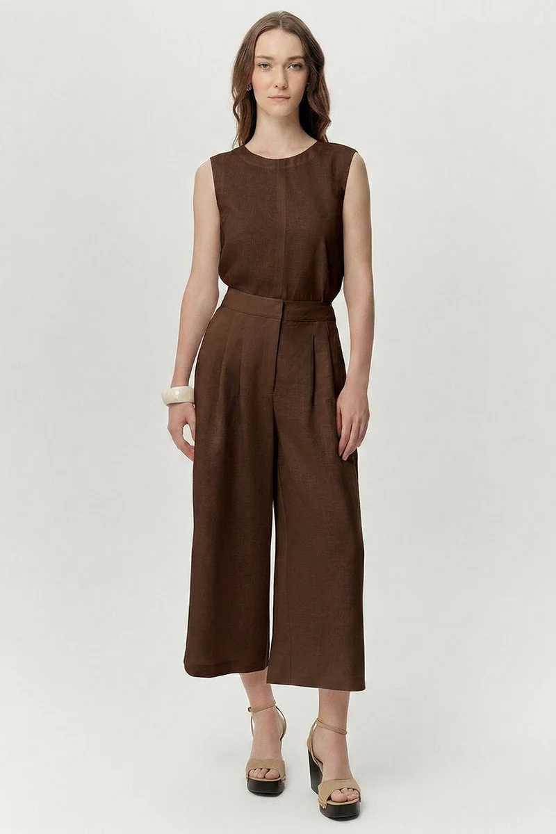 Exquise Pocketed Zip-Up Culotte Regular Linen Brown Trousers