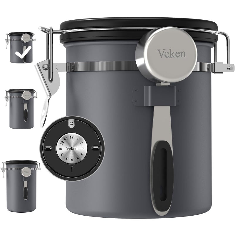 Veken Coffee Canister Airtight Stainless Steel Kitchen Food Storage Container with Date Tracker and Scoop for Beans Grounds Tea Flour Cereal Sugar 16OZ Gray