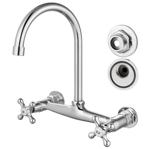 Airuida Chrome Polish Wall Mounted Kitchen Sink Faucet Wall Mounted Commercial Kitchen Faucet Wall Mount 8 Inches Center Faucet, 360 Degree Swivel Spout Mixer Laundry Restaurat Tap with Female Thread - Image 1