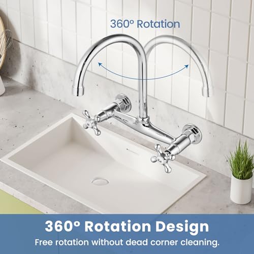 Airuida Chrome Polish Wall Mounted Kitchen Sink Faucet Wall Mounted Commercial Kitchen Faucet Wall Mount 8 Inches Center Faucet, 360 Degree Swivel Spout Mixer Laundry Restaurat Tap with Female Thread - Image 2