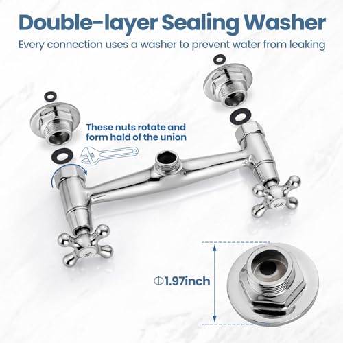 Airuida Chrome Polish Wall Mounted Kitchen Sink Faucet Wall Mounted Commercial Kitchen Faucet Wall Mount 8 Inches Center Faucet, 360 Degree Swivel Spout Mixer Laundry Restaurat Tap with Female Thread - Image 4