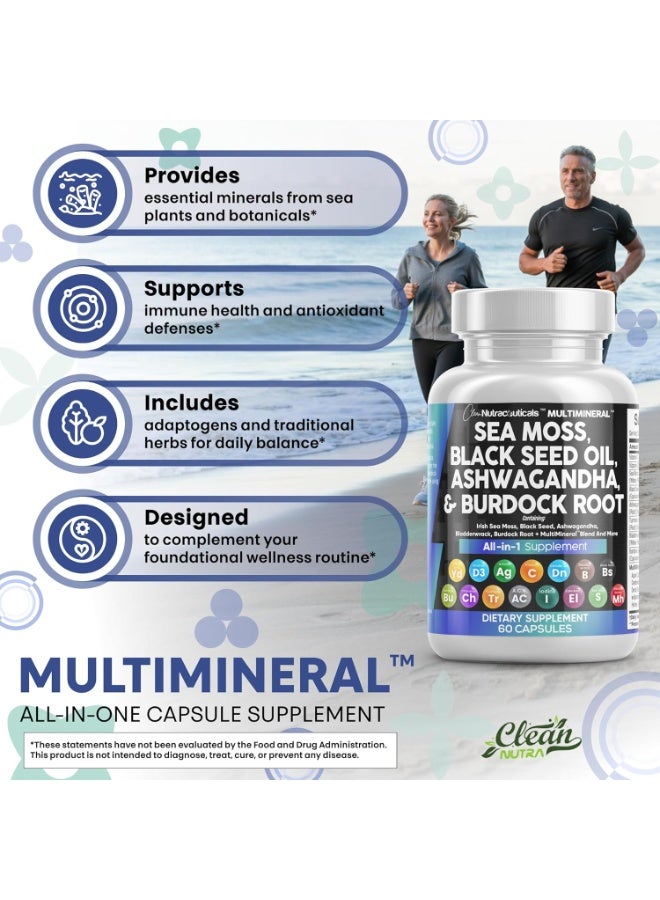 Clean Nutraceuticals Sea Moss Black Seed Oil Ashwagandha Turmeric Bladderwrack Burdock 60 Capsules 30 Servings - Image 3