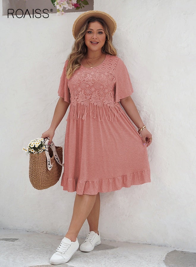 رويس فستان بوهيمي أنيق بمقاسات كبيرة، فستان برقبة دائرية بتصميم شرابة للنساء، فستان شاطئ طويل منسدل بنقوش - Image 5