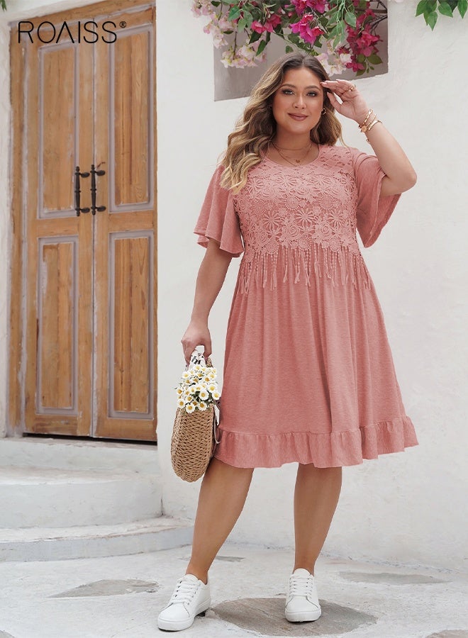 رويس فستان بوهيمي أنيق بمقاسات كبيرة، فستان برقبة دائرية بتصميم شرابة للنساء، فستان شاطئ طويل منسدل بنقوش - Image 1