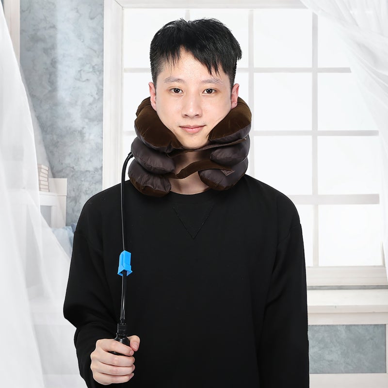 Inflatable Neck Pillow - High-Quality Flocking Fabric Adjustable Pressure Ergonomic Cervical Traction Pillow for Travel Home Neck Pain Relief - Image 3