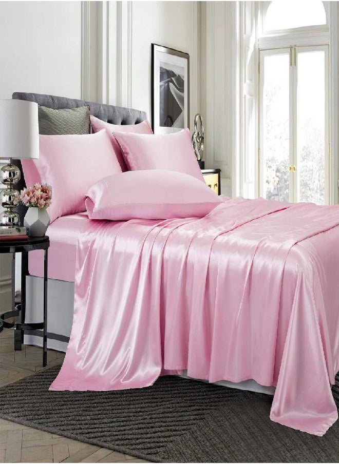 TREELY - TREELY 6 Piece Satin Sheets King Size Silky Smooth Pink Satin Sheet Set with Deep Pocket, Satin Fitted Sheet, Flat Sheet, 4 Satin Pillowcase - Image 1