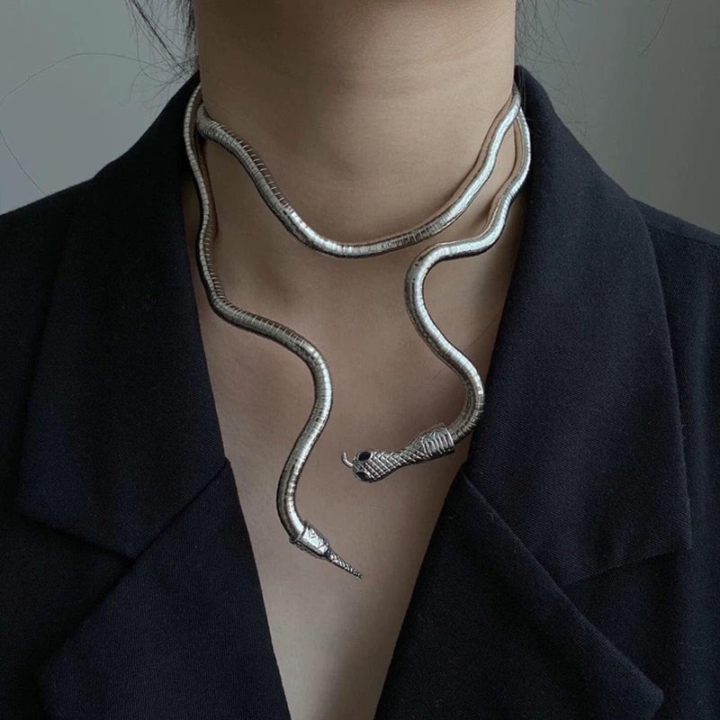 HTH Long Snake Necklace for Women Bendable Wrapping Snake Choker Necklace Bracelet Party Costume Accessories (Silver) - Image 2