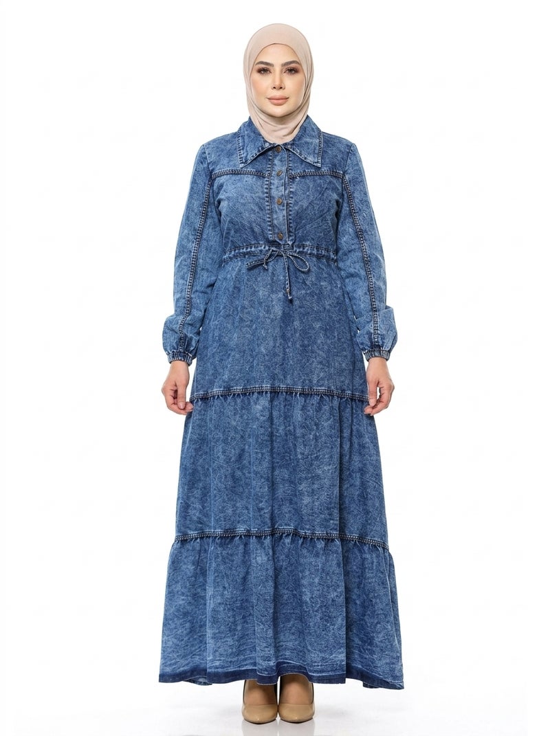 Light Jeans - Long Denim Dress with Layered Design and Classic Collar for Women - Dark Blue Color - Perfect for Daily & Formal Occasions - Size XL (70 KG) - Image 1