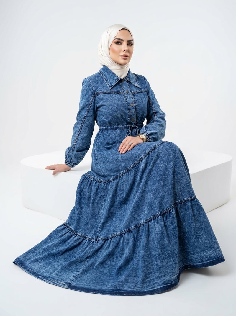 Light Jeans - Long Denim Dress with Layered Design and Classic Collar for Women - Dark Blue Color - Perfect for Daily & Formal Occasions - Size XL (70 KG) - Image 4