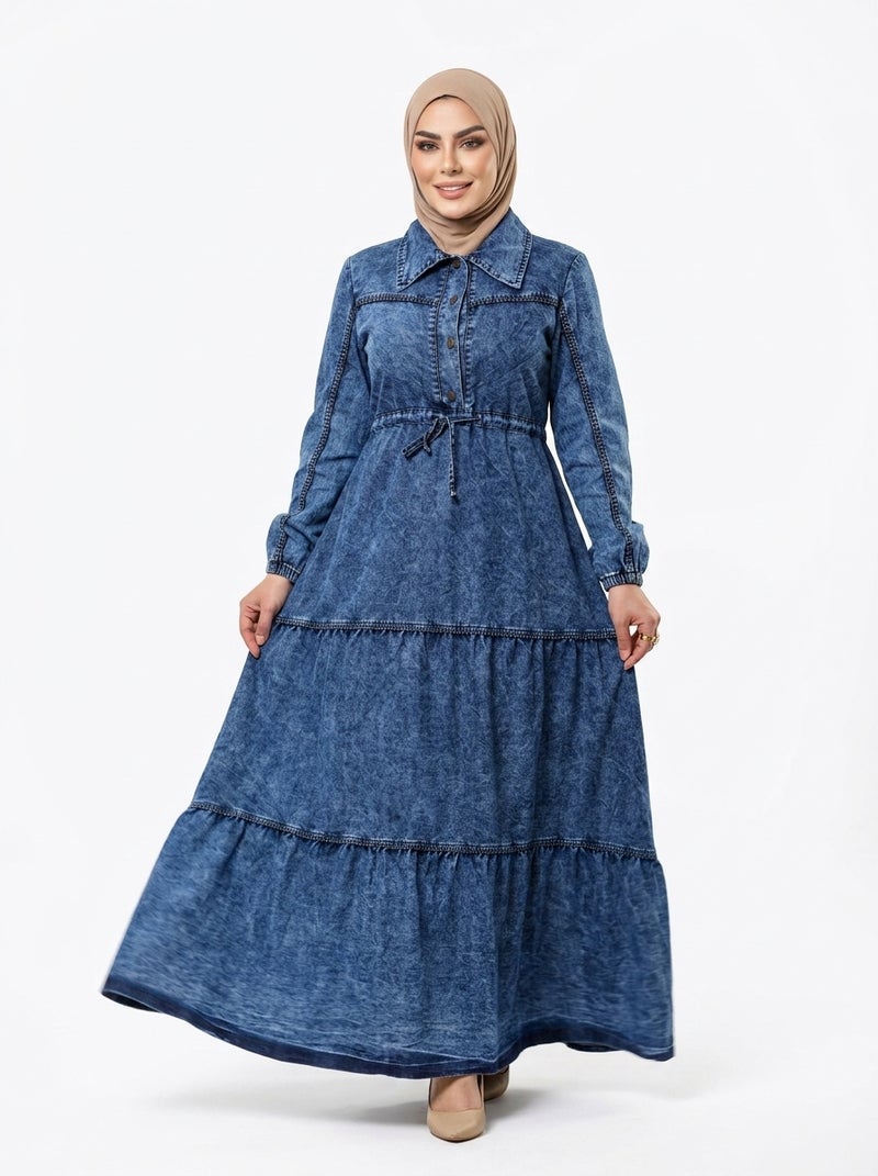 Light Jeans - Long Denim Dress with Layered Design and Classic Collar for Women - Dark Blue Color - Perfect for Daily & Formal Occasions - Size XL (70 KG) - Image 3