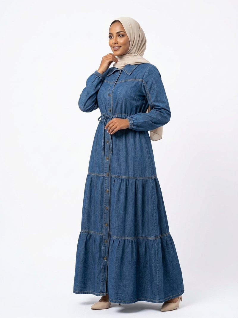 Light Jeans - Long Denim Dress with Layered Design and Classic Collar for Women - Dark Blue Color - Perfect for Daily & Formal Occasions - Size XL (70 KG) - Image 2