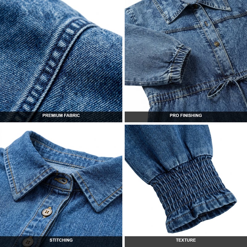Light Jeans - Long Denim Dress with Layered Design and Classic Collar for Women - Dark Blue Color - Perfect for Daily & Formal Occasions - Size XL (70 KG) - Image 5