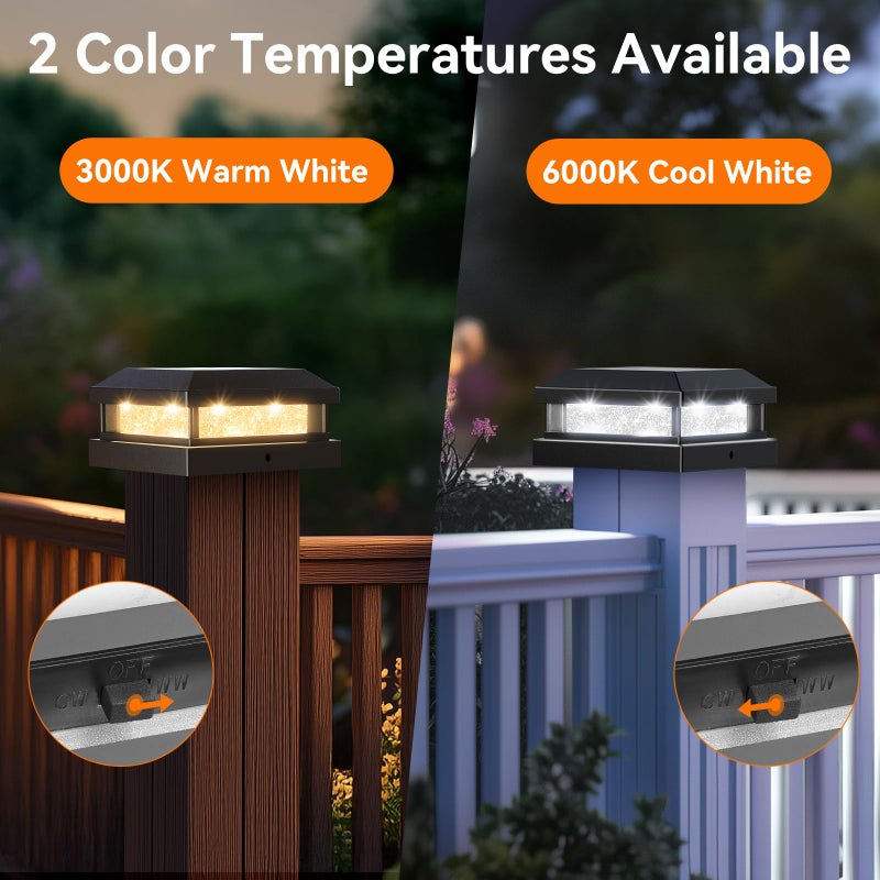 Brightever Solar Post Cap Lights Outdoor 12 Packs for 4x4 5x5 Vinyl/Wooden Posts, Waterproof Solar Powered Fence Post Light with Warm/Cool Lighting, Black 16LEDs Deck Cap Light for Garden, Patio, Porch - Image 4
