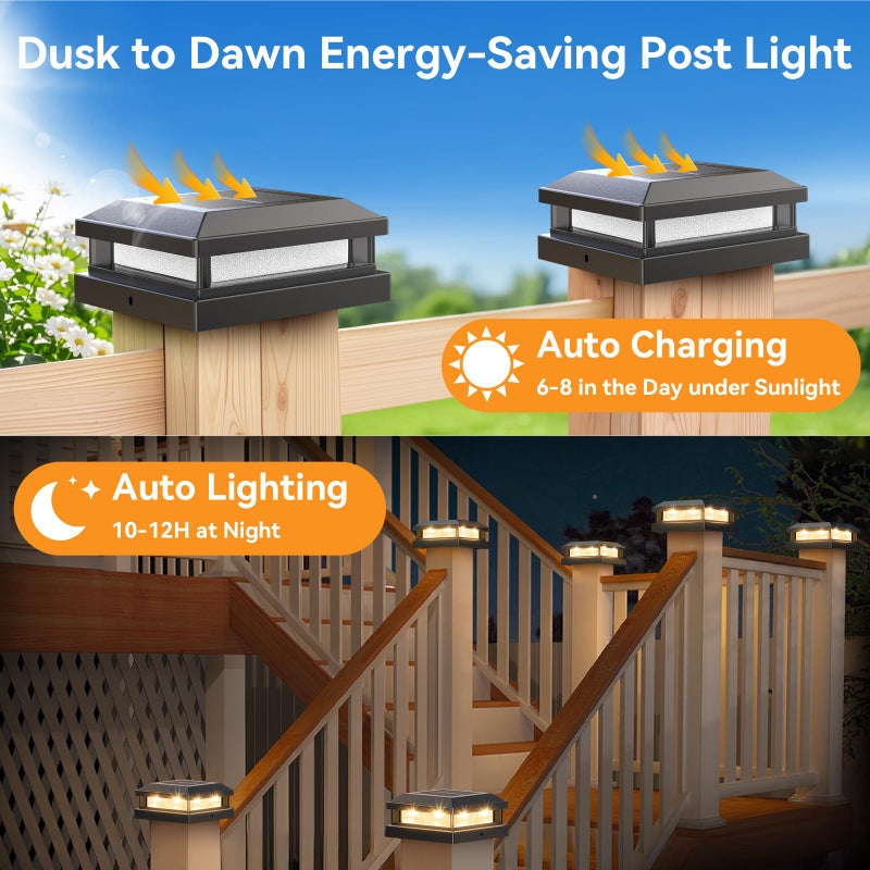 Brightever Solar Post Cap Lights Outdoor 12 Packs for 4x4 5x5 Vinyl/Wooden Posts, Waterproof Solar Powered Fence Post Light with Warm/Cool Lighting, Black 16LEDs Deck Cap Light for Garden, Patio, Porch - Image 3
