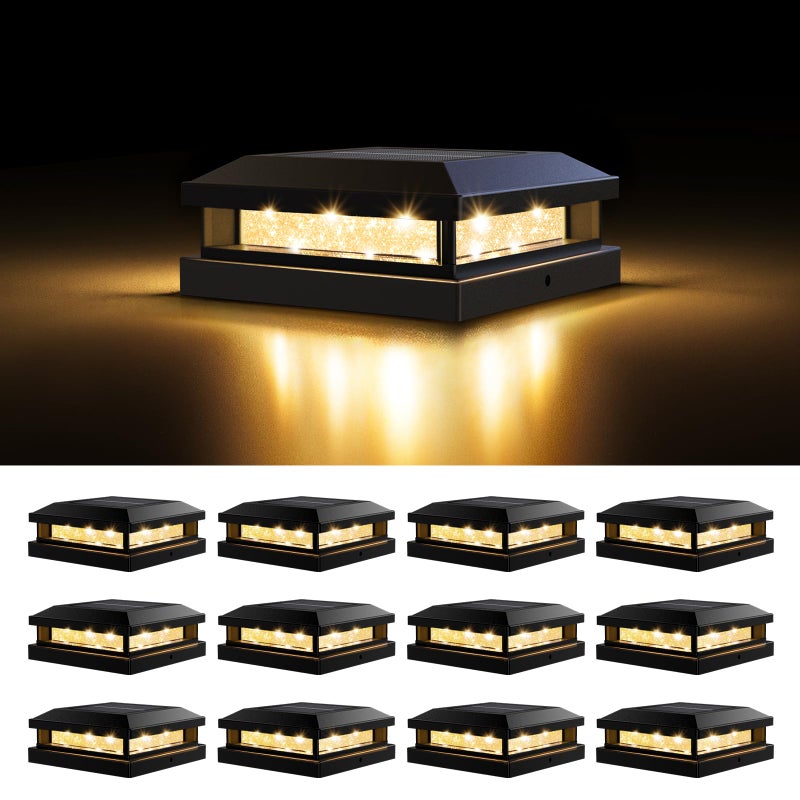 Brightever Solar Post Cap Lights Outdoor 12 Packs for 4x4 5x5 Vinyl/Wooden Posts, Waterproof Solar Powered Fence Post Light with Warm/Cool Lighting, Black 16LEDs Deck Cap Light for Garden, Patio, Porch - Image 1