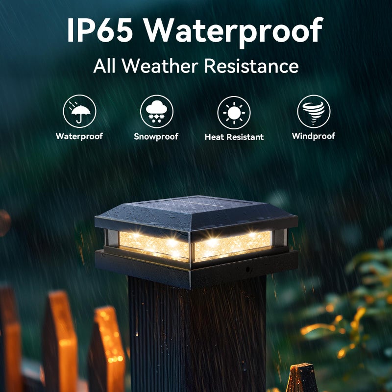 Brightever Solar Post Cap Lights Outdoor 12 Packs for 4x4 5x5 Vinyl/Wooden Posts, Waterproof Solar Powered Fence Post Light with Warm/Cool Lighting, Black 16LEDs Deck Cap Light for Garden, Patio, Porch - Image 5